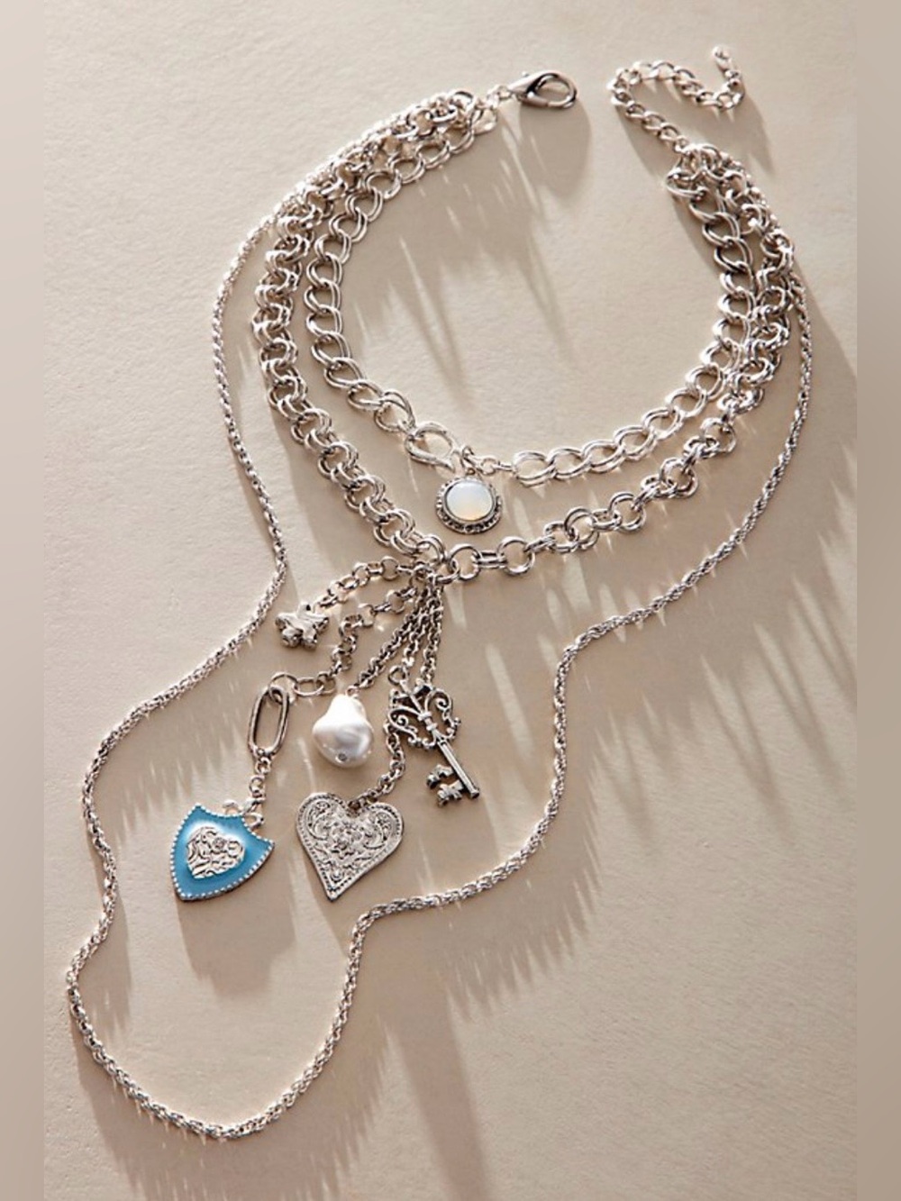 NWT Free People Tate Layer Necklace in Silver New $48 Retail Charms
